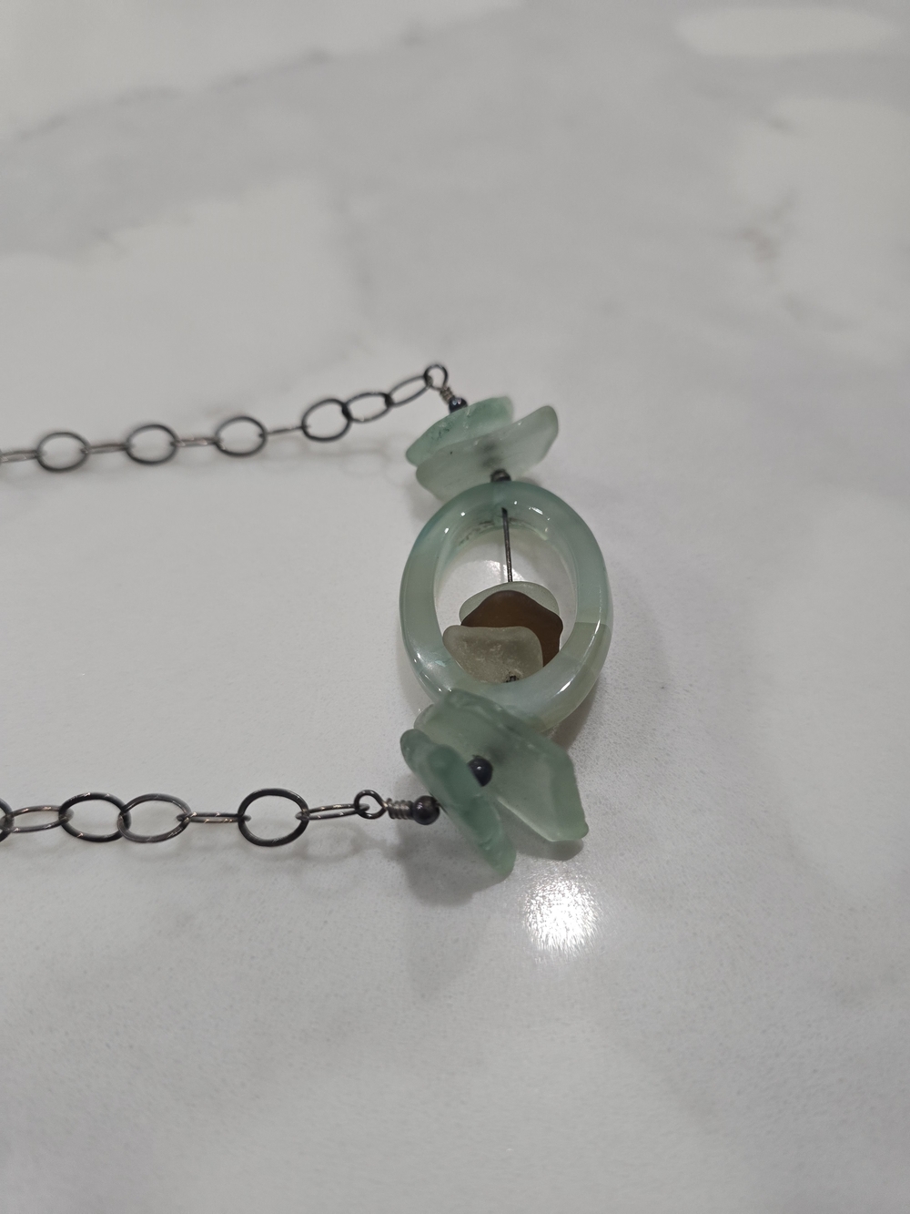 Artisan Sea Glass Oval Ring Station Necklace in Seafoam Green